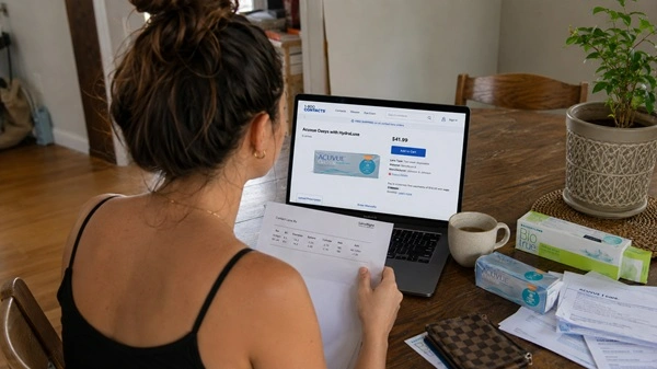 Person comparing contact lens prescription details while shopping online at home