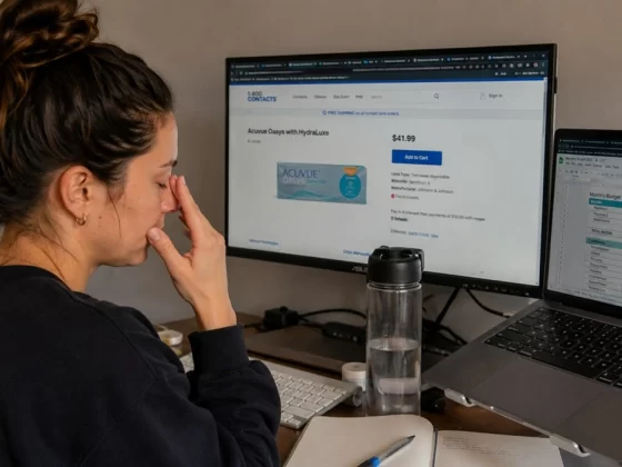 Office worker rubbing tired eyes while researching contact lens options online
