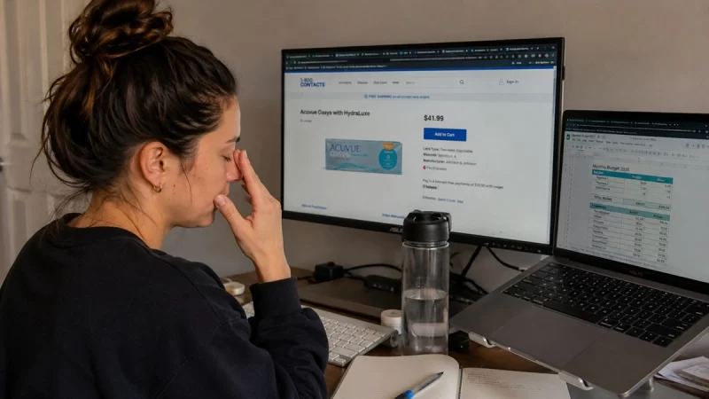 Office worker rubbing tired eyes while researching contact lens options online