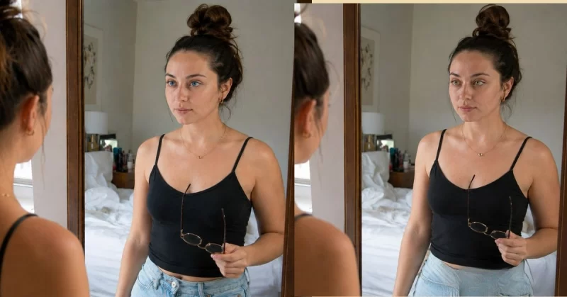 Woman comparing her appearance with and without glasses while getting dressed at home.